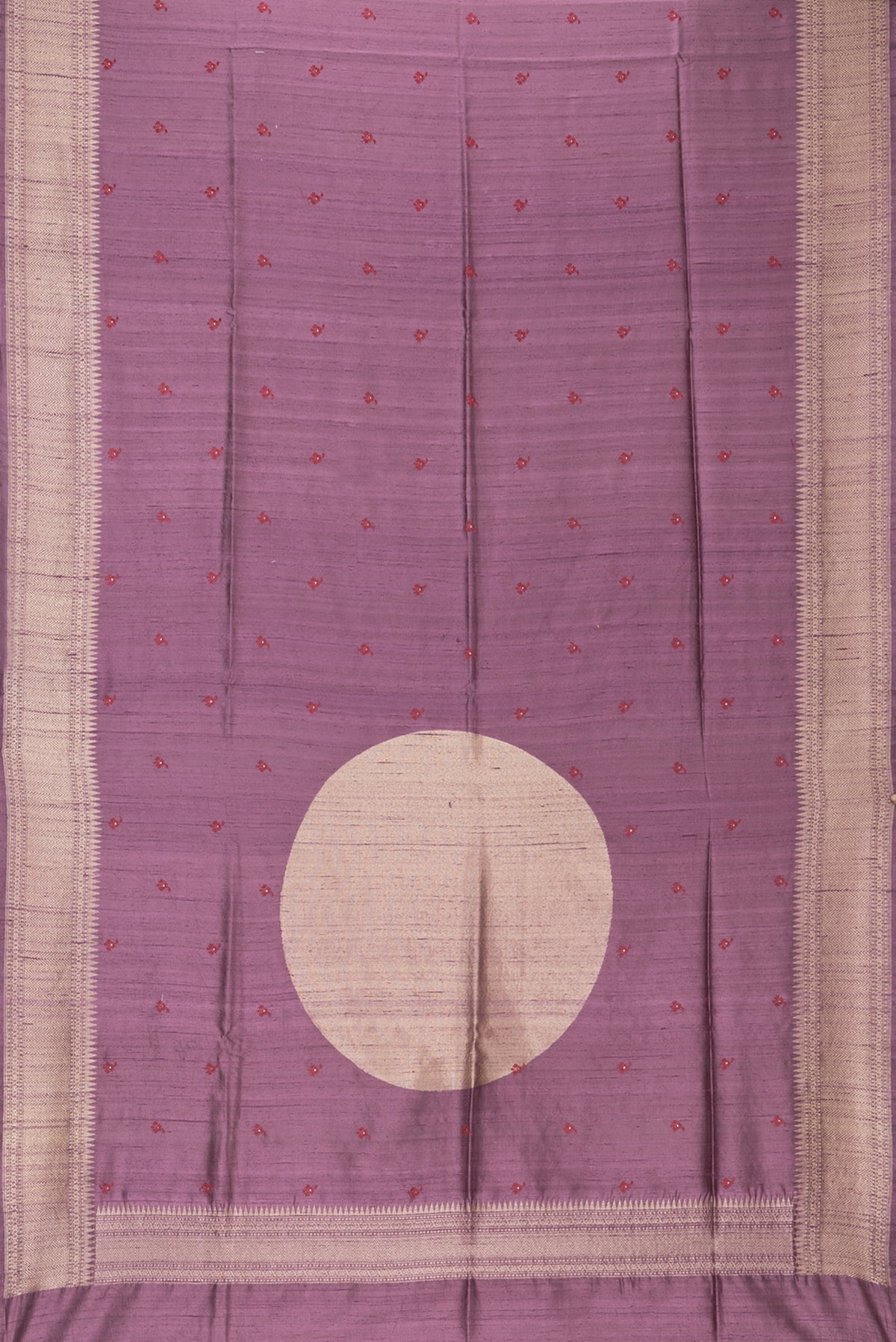 Flat view of Pure Silk Mauve Dual Tone Raw Saree with Embroidery on the body and Zari Border. 