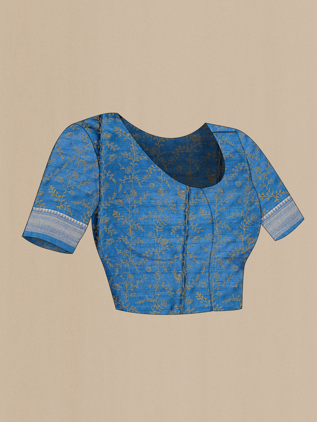 Close up image of the blouse of Blue Tussar Saree with Embroidered on the body and Fancy Border. 