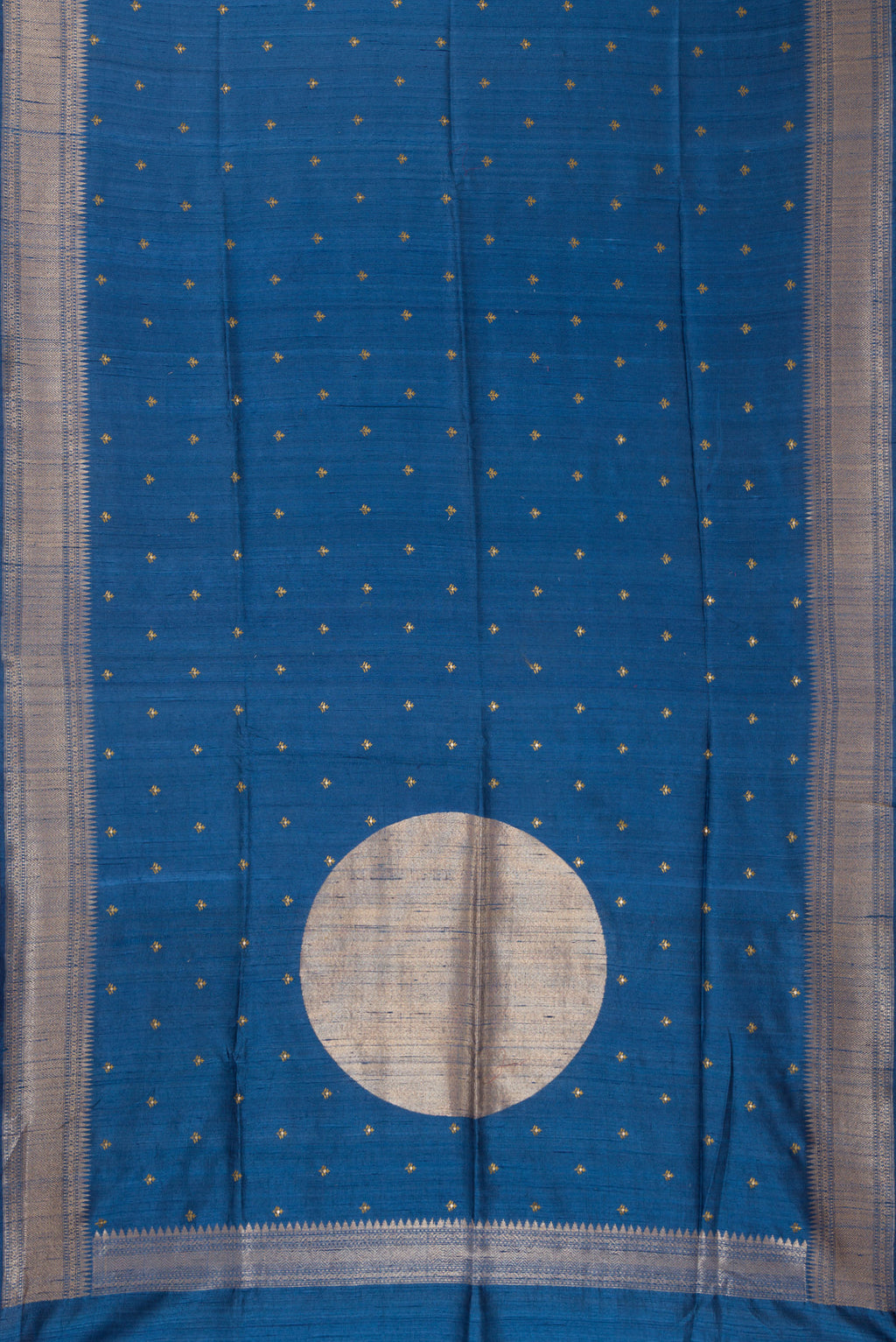 Flat view of Blue Tussar Saree with Embroidered on the body and Fancy Border. 