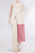 Beige Tussar Saree with Embroidery on the body and Embroidery Border.  displayed on a mannequin