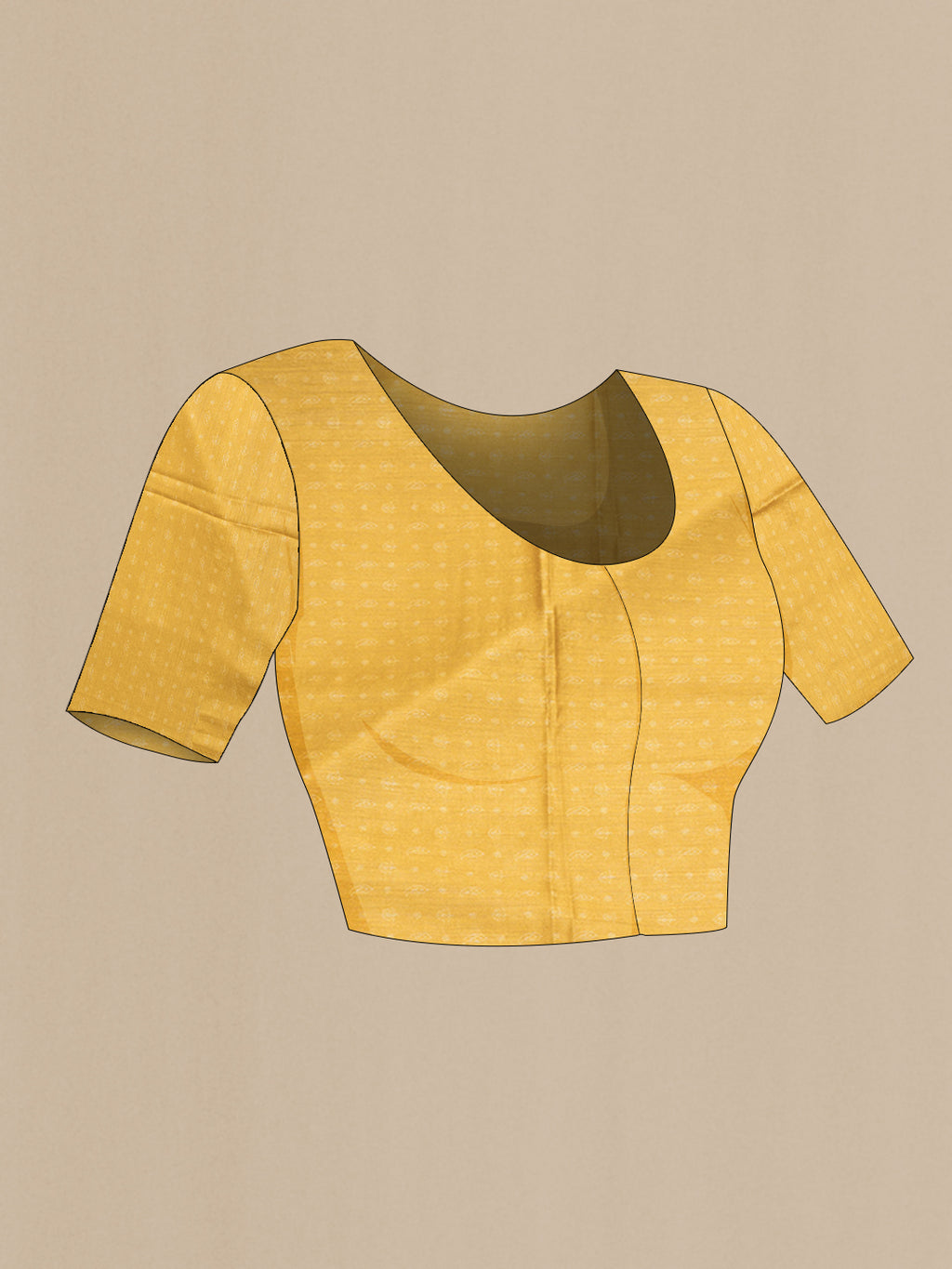 Close up image of the blouse of Beige Tussar Saree with Embroidery on the body and Embroidery Border. 