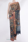 Multi Color Tussar Saree with kalamkari Print on the body and Zari Border.  displayed on a mannequin