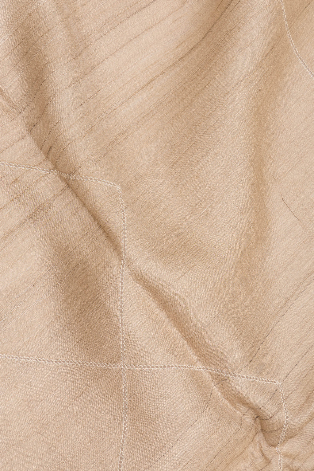 Close up of Pure Silk Beige Tussar Saree with Checked design on the body and Embroidery Border.  displaying folds