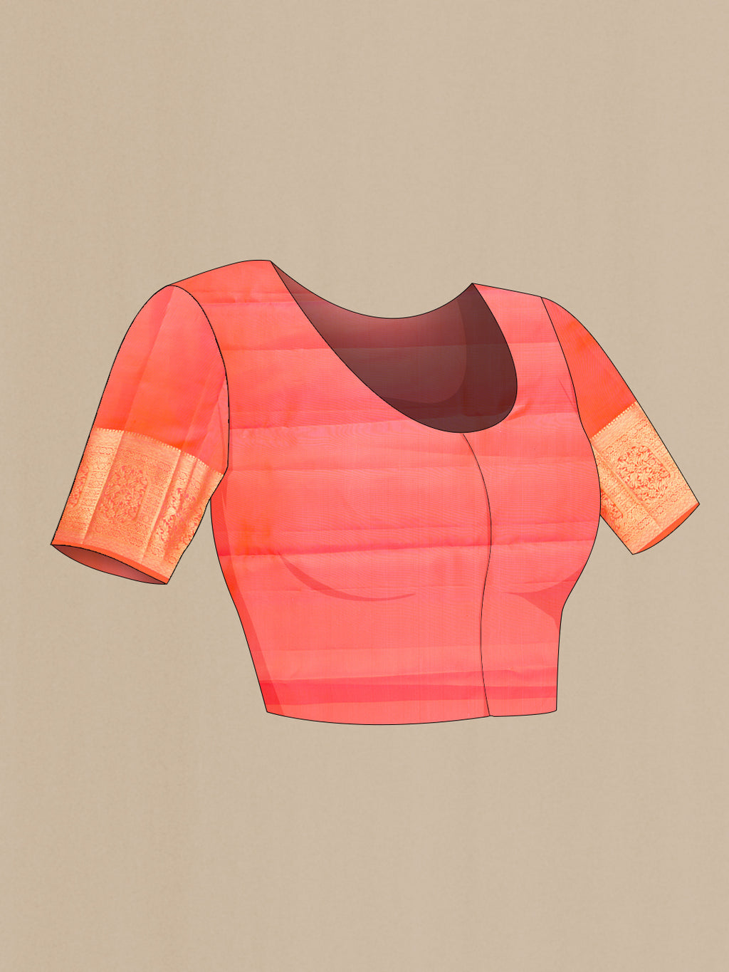 Close up image of the blouse of Coral Dual Tone Kanchipuram Silk Saree with Zari Brocade on the body and Zari Border. 