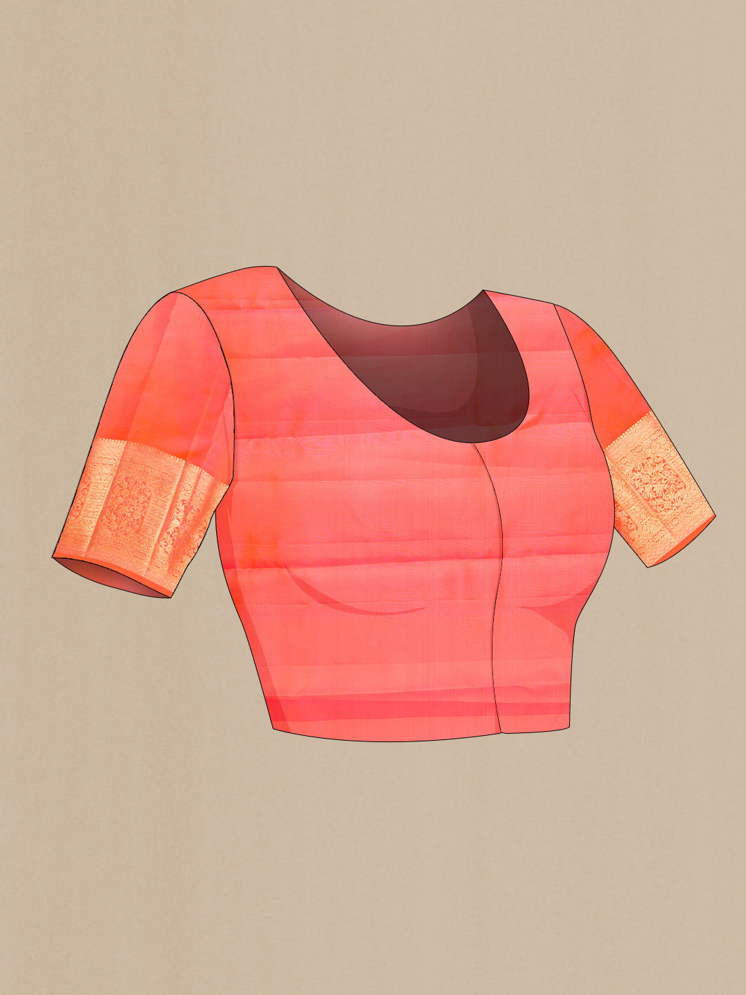 Close up image of the blouse of Coral Dual Tone Kanchipuram Silk Saree with Zari Brocade on the body and Zari Border. 