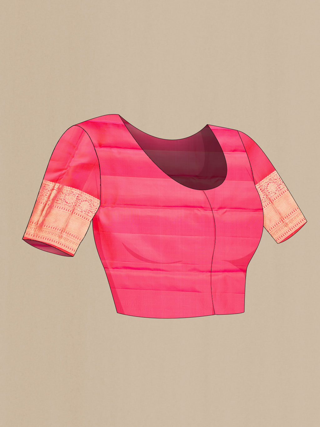 Close up image of the blouse of Pure Silk Pink Dual Tone Kanchipuram Saree with Zari Brocade on the body and Fancy Border. 