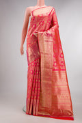Pure Silk Pink Dual Tone Kanchipuram Saree with Zari Brocade on the body and Fancy Border.  displayed on a mannequin