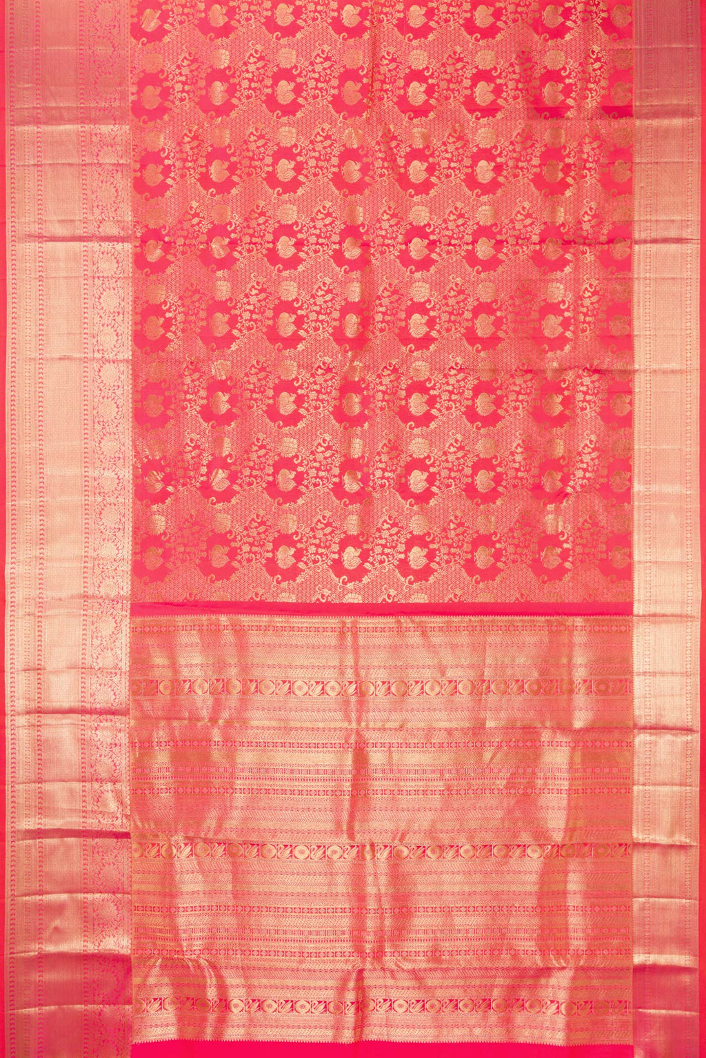 Flat view of Pure Silk Pink Dual Tone Kanchipuram Saree with Zari Brocade on the body and Fancy Border. 