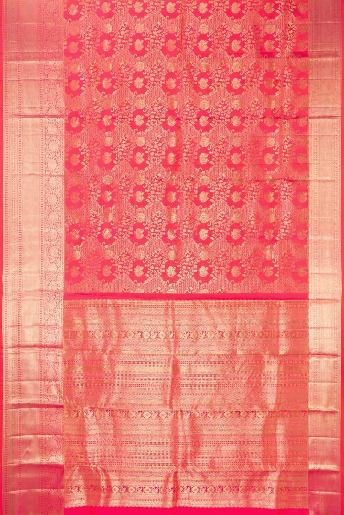 Flat view of Pure Silk Pink Dual Tone Kanchipuram Saree with Zari Brocade on the body and Fancy Border. 