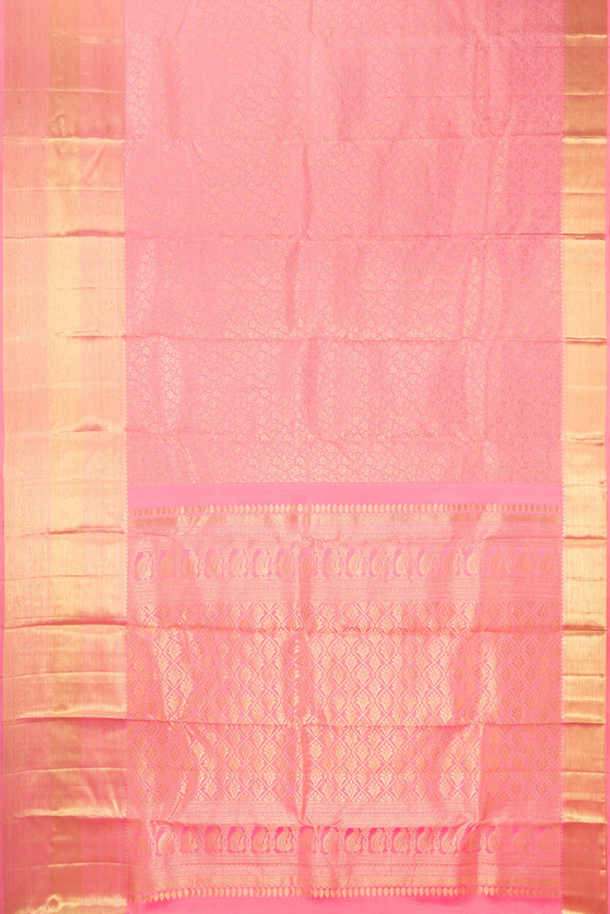 Flat view of Pure Silk Rose pink Dual Tone Kanchipuram Saree with Zari Brocade on the body and Zari Border. 