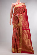 Pure Silk Red Dual Tone Kanchipuram Saree with Zari Brocade on the body and Zari Border.  displayed on a mannequin