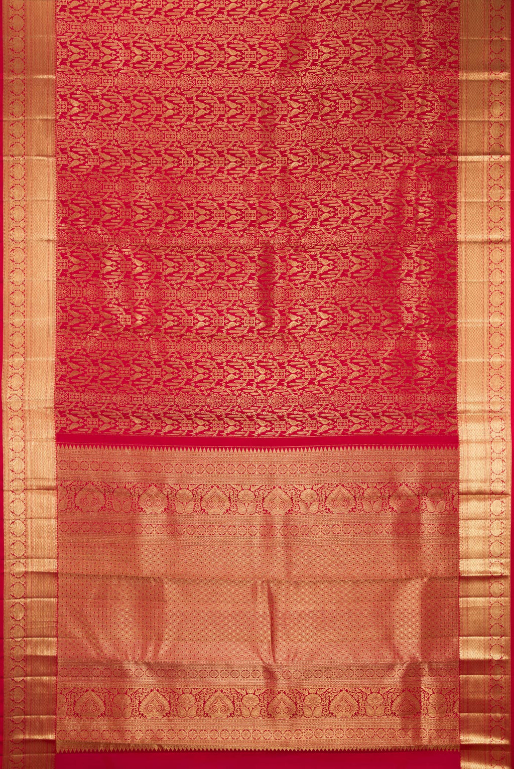 Flat view of Pure Silk Red Dual Tone Kanchipuram Saree with Zari Brocade on the body and Zari Border. 