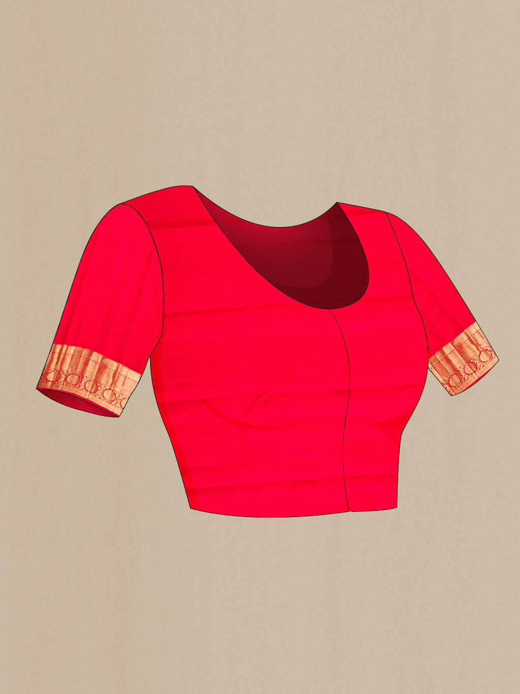 Close up image of the blouse of Red Kanchipuram Silk Saree with Zari Brocade on the body and Zari Border. 