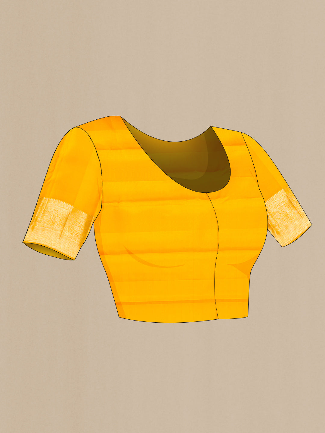 Close up image of the blouse of Pure Silk Yellow Kanchipuram Saree with Zari Brocade on the body and Zari Border. 