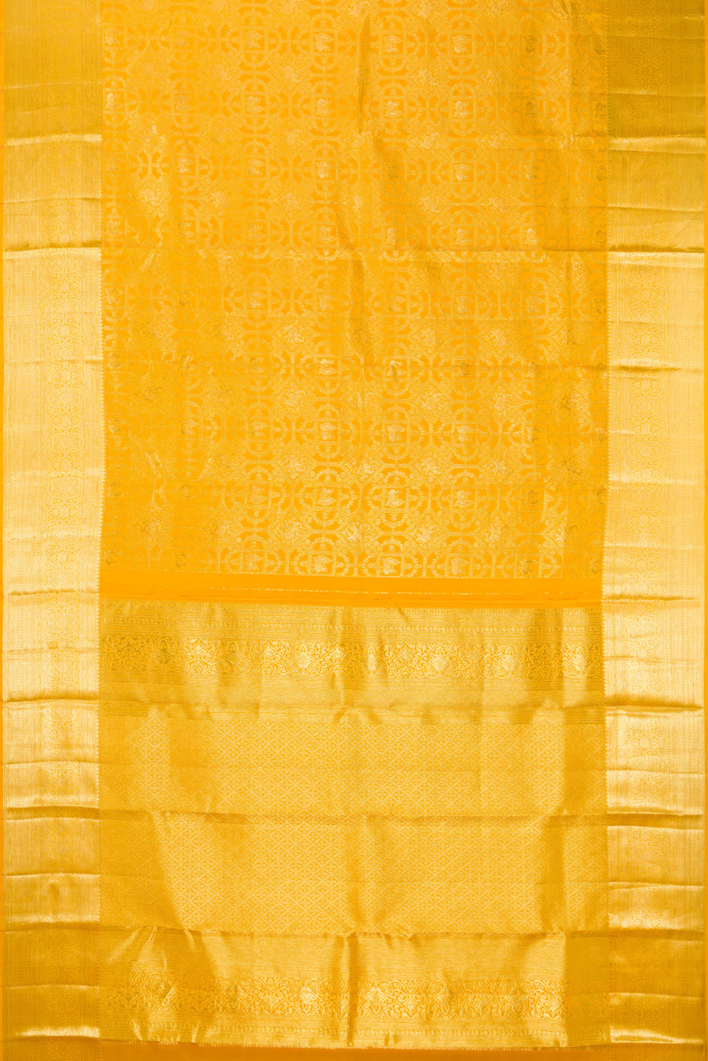 Flat view of Pure Silk Yellow Kanchipuram Saree with Zari Brocade on the body and Zari Border. 