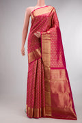 Pure Silk Dark Pink Dual Tone Kanchipuram Saree with Zari Brocade on the body and Zari Border.  displayed on a mannequin