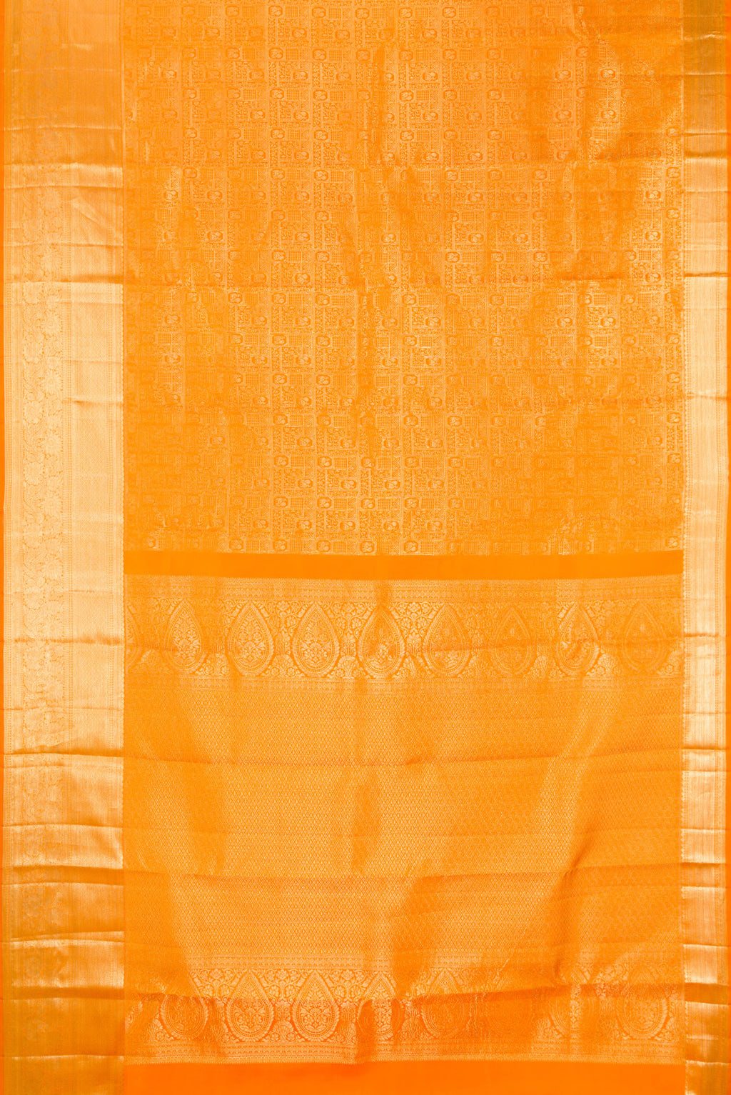 Flat view of Pure Silk Yellow Kanchipuram Saree with Zari Brocade on the body and Zari Border. 