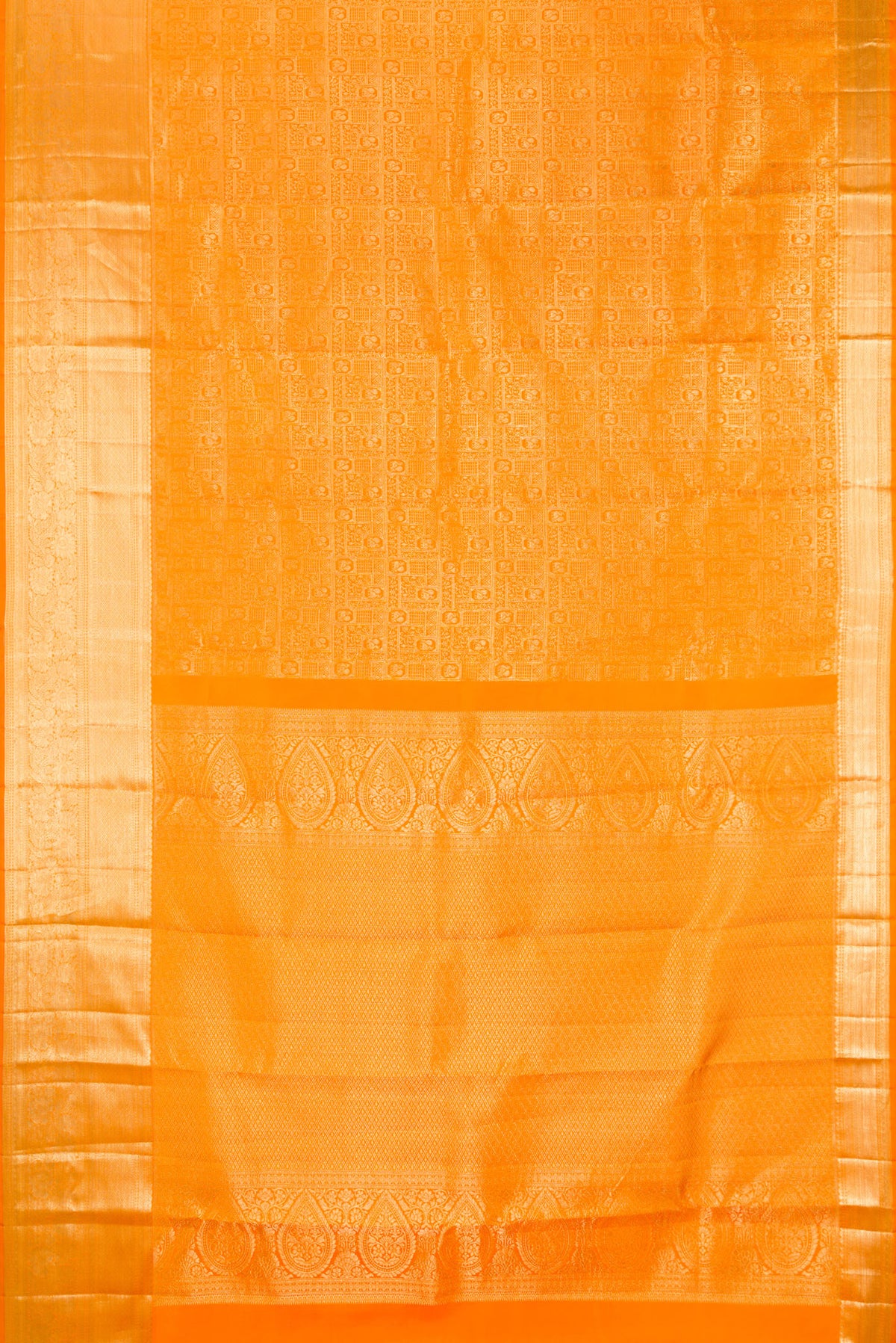 Flat view of Pure Silk Yellow Kanchipuram Saree with Zari Brocade on the body and Zari Border. 