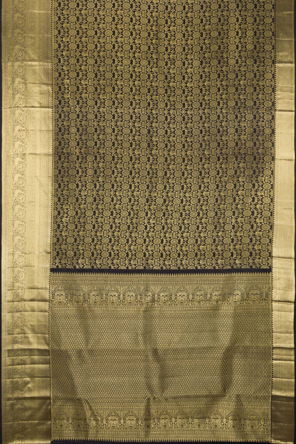 Flat view of Pure Silk Black Kanchipuram Saree with Zari Brocade on the body and Zari Border. 
