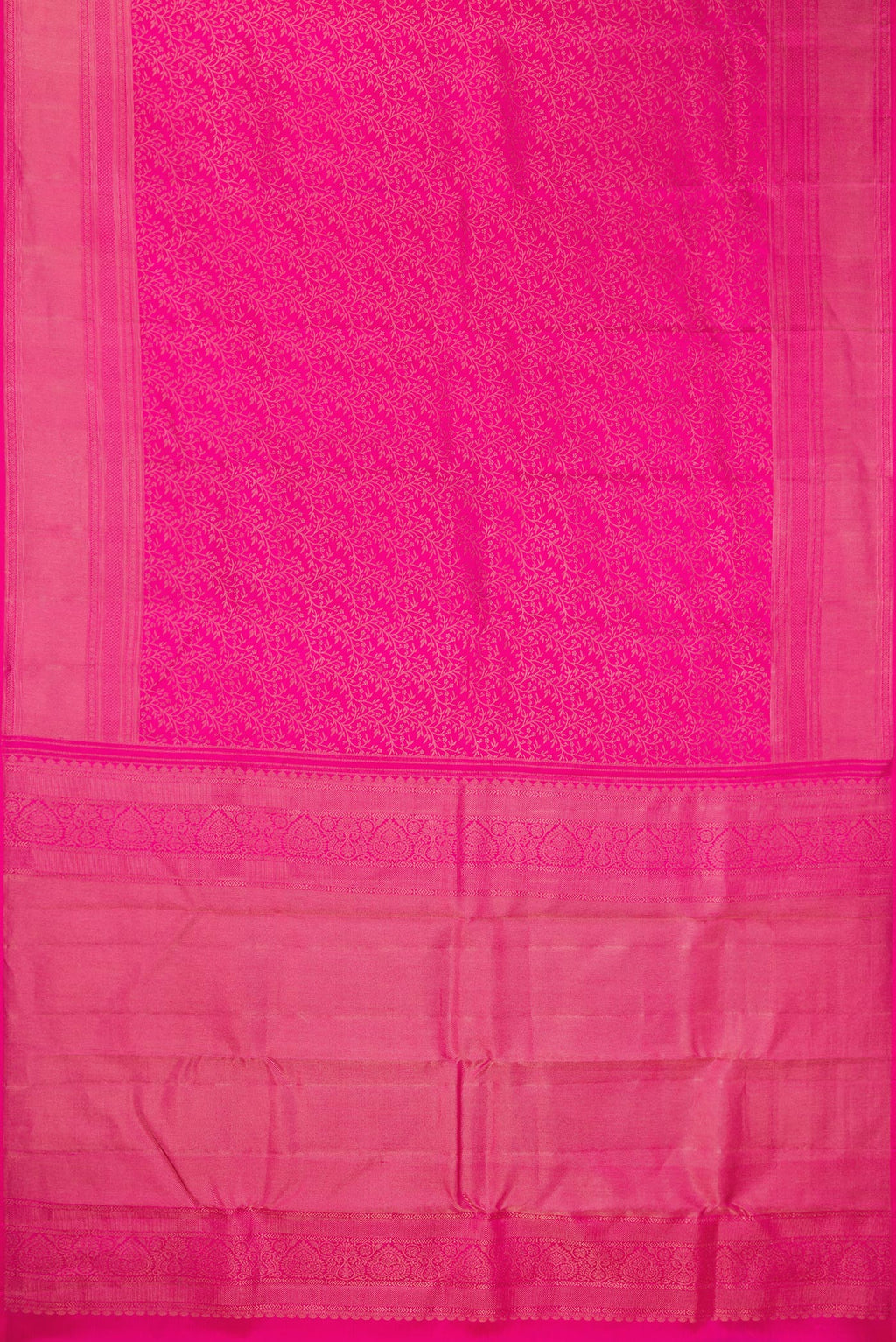 Flat view of Pure Silk Pink Kanchipuram Saree with Zari Brocade on the body and Fancy Border. 