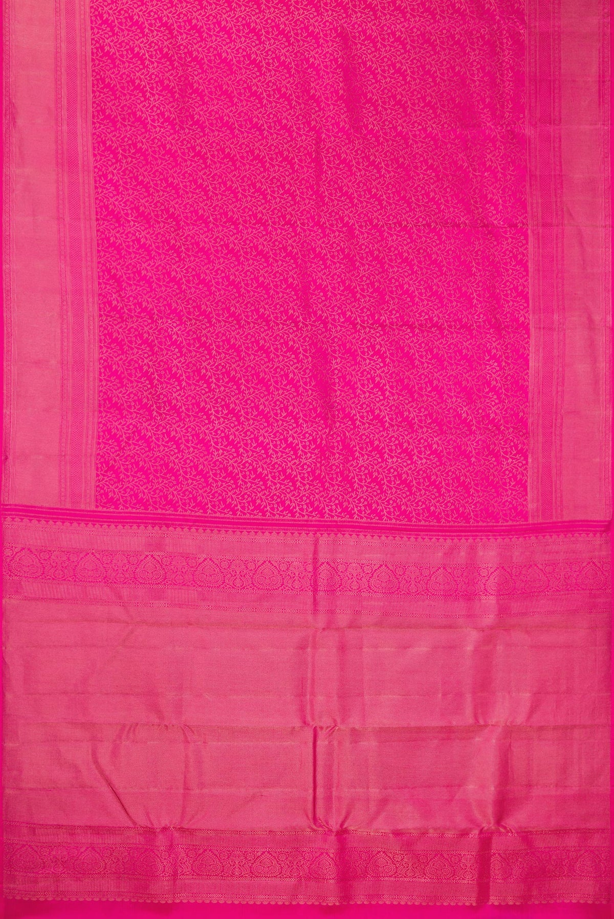 Flat view of Pure Silk Pink Kanchipuram Saree with Zari Brocade on the body and Fancy Border. 