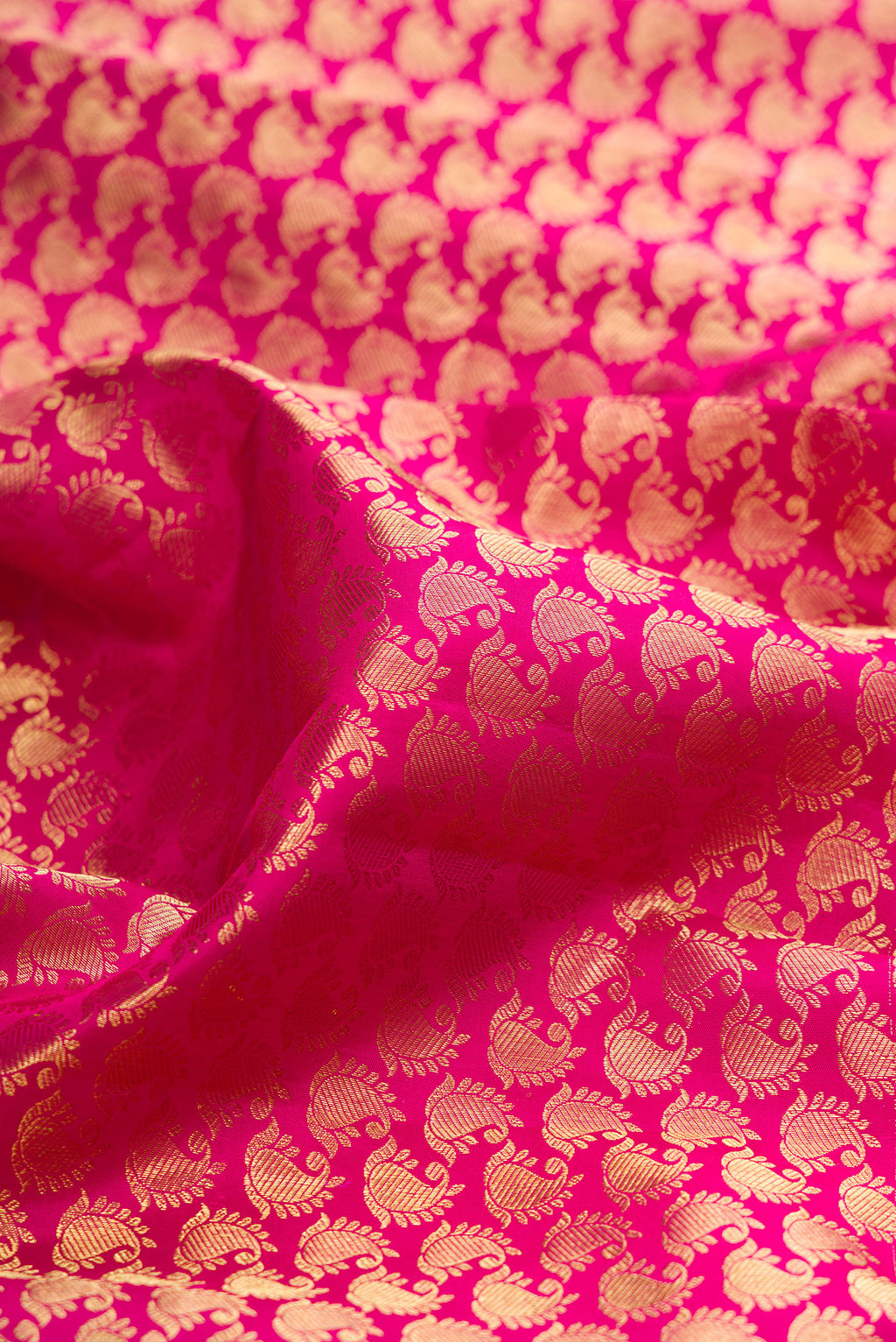 Close up of Rani Pink Kanchipuram Silk Saree with Zari Brocade on the body and Zari Border.  displaying folds
