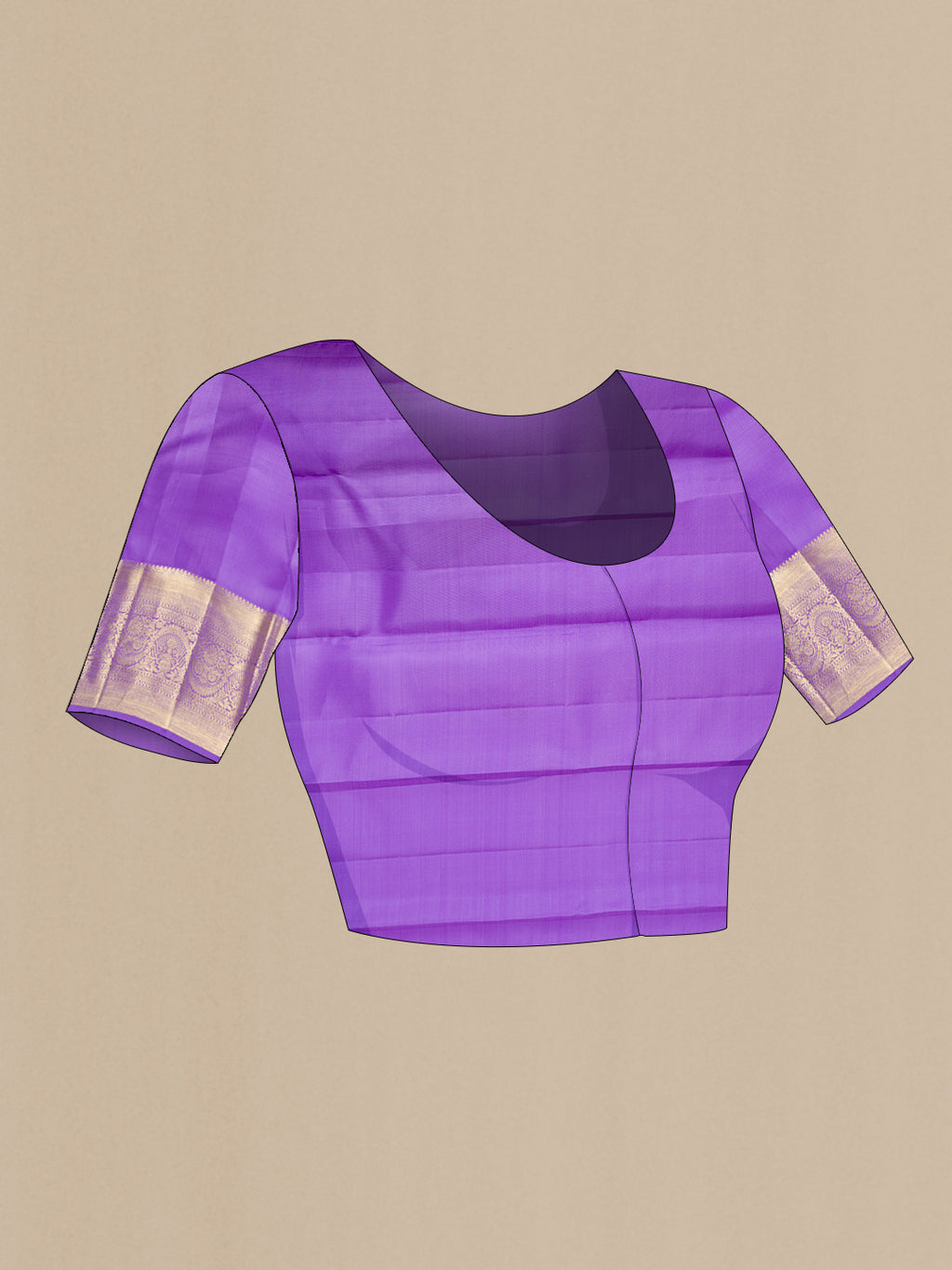 Close up image of the blouse of Lavender Kanchipuram Silk Saree with Zari Brocade on the body and Zari Border. 