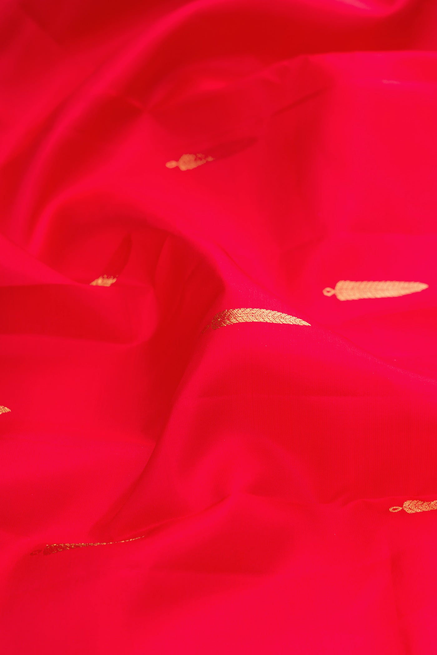 Close up of Red Kanchipuram Silk Saree with Zari Butta on the body and Zari Border.  displaying folds