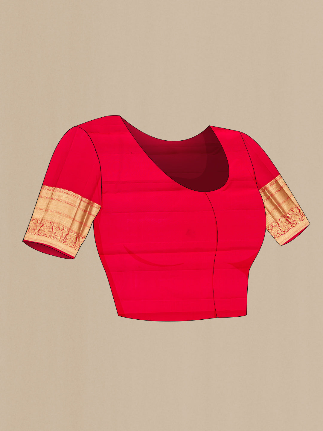 Close up image of the blouse of Pure Silk Mustard Kanchipuram Saree with Zari Butta on the body and Zari Border. 