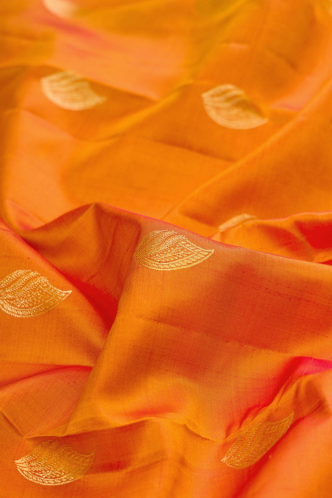 Close up of Pure Silk Mustard Kanchipuram Saree with Zari Butta on the body and Zari Border.  displaying folds