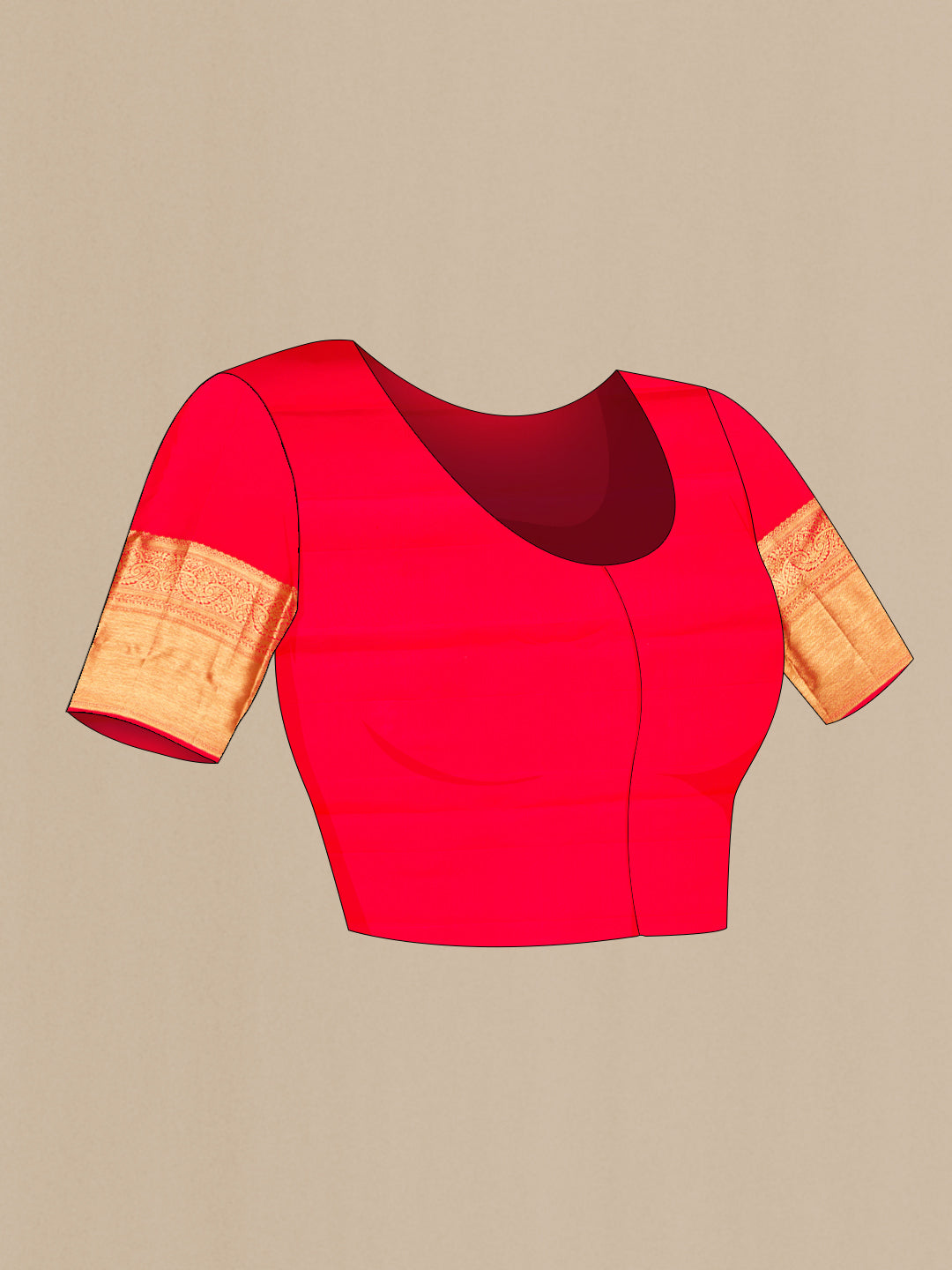 Close up image of the blouse of Red Kanjivaram Silk Saree with Zari Brocade on the body and Zari Border. 