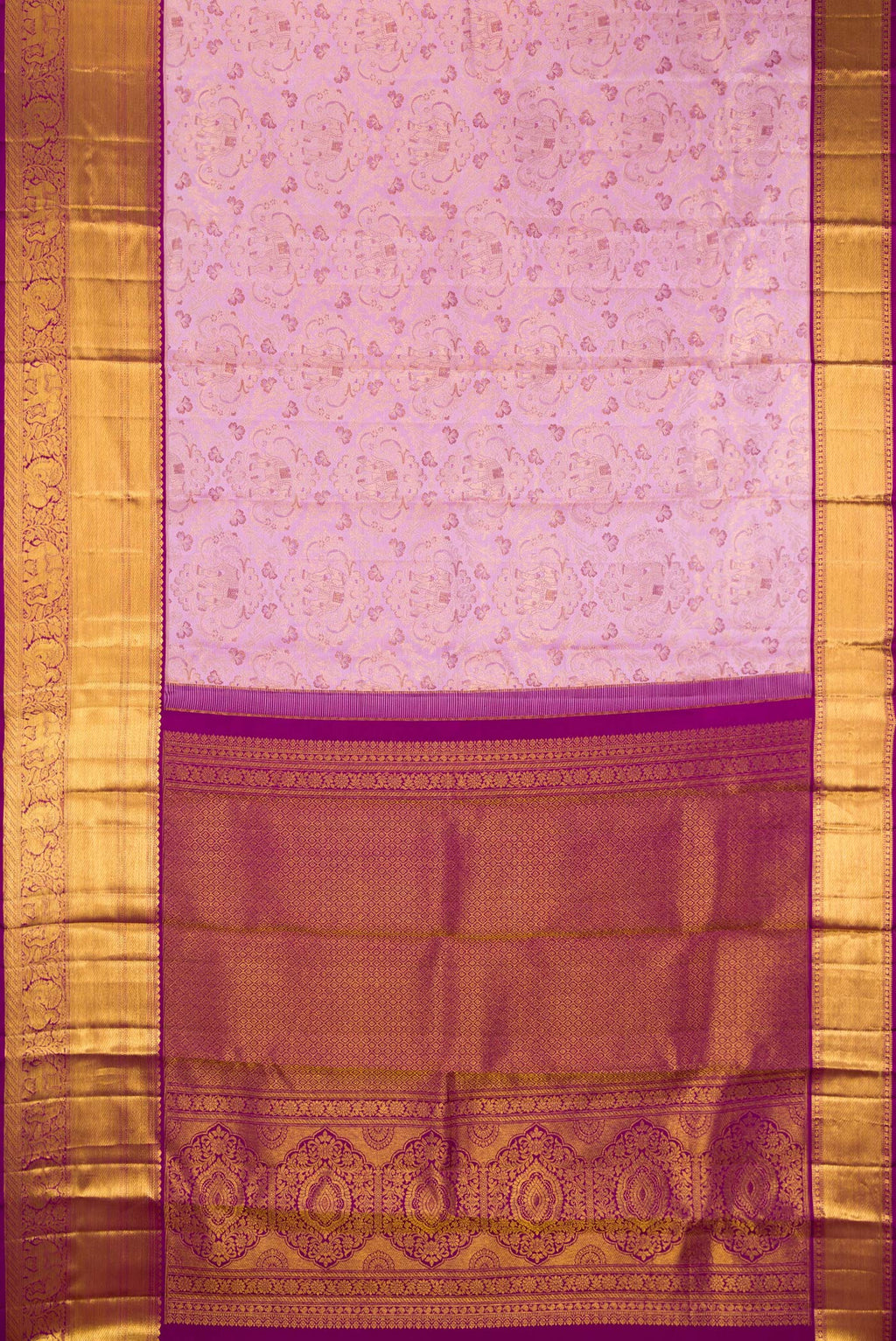 Flat view of Lavender Kanjivaram Silk Saree with Zari Brocade on the body and Zari Border. 