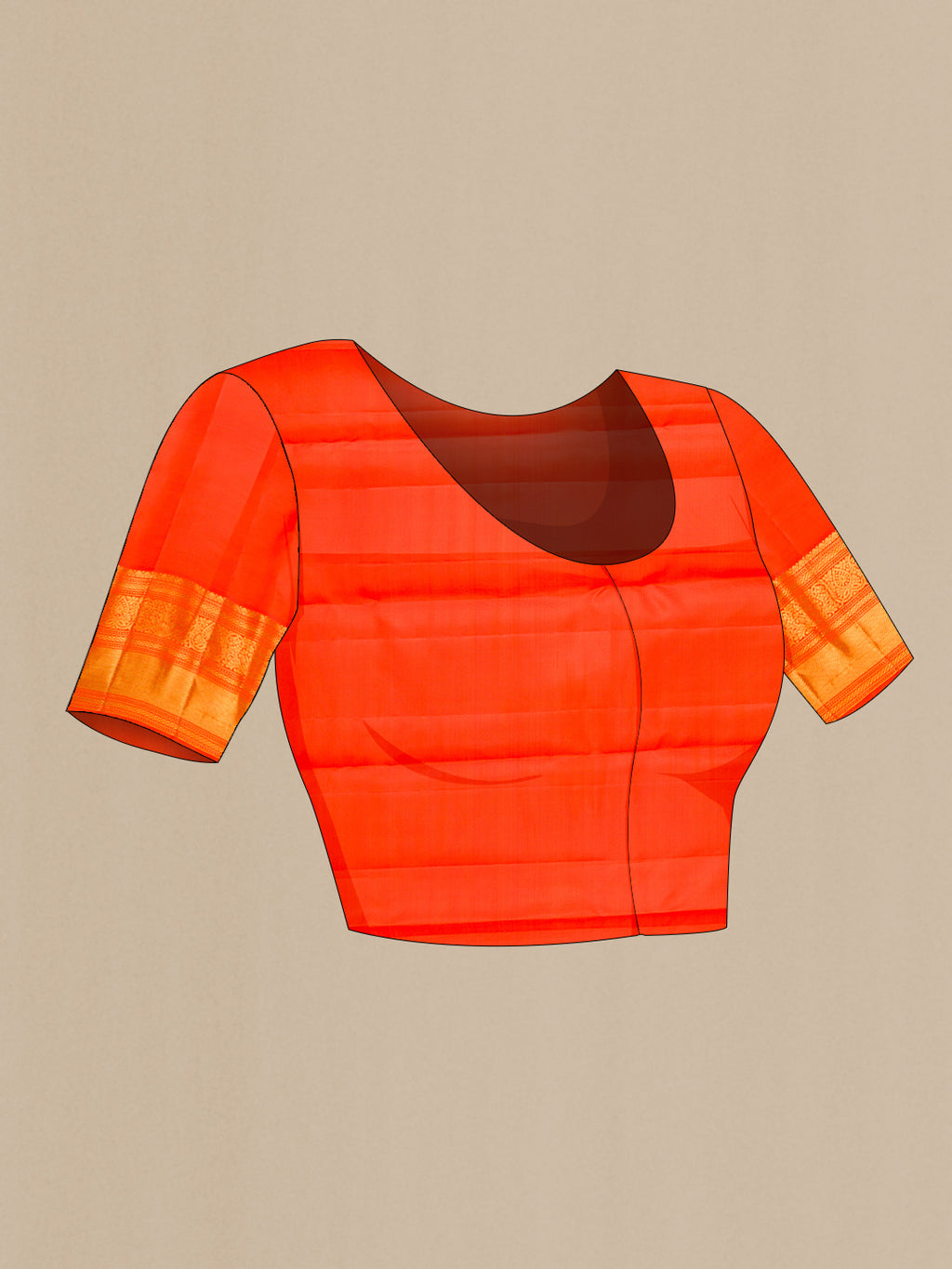 Close up image of the blouse of Orange Kanjivaram Silk Saree with Zari Brocade on the body and Zari Border. 