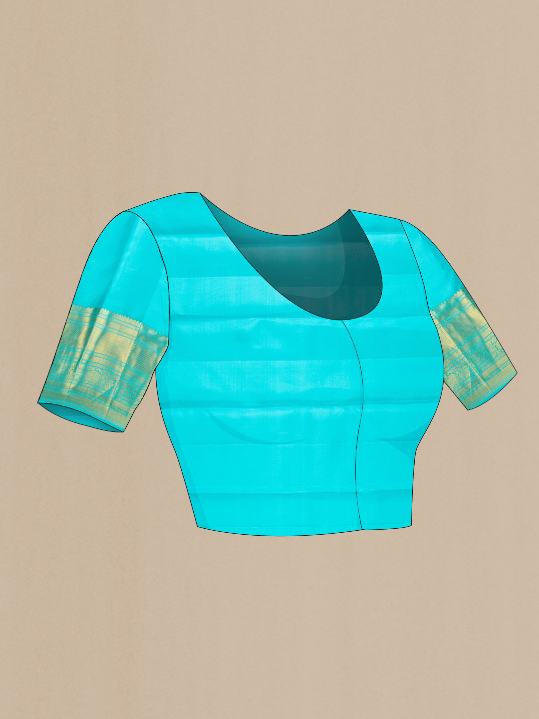 Close up image of the blouse of Sky Blue Kanjivaram Silk Saree with Zari Brocade on the body and Zari Border. 