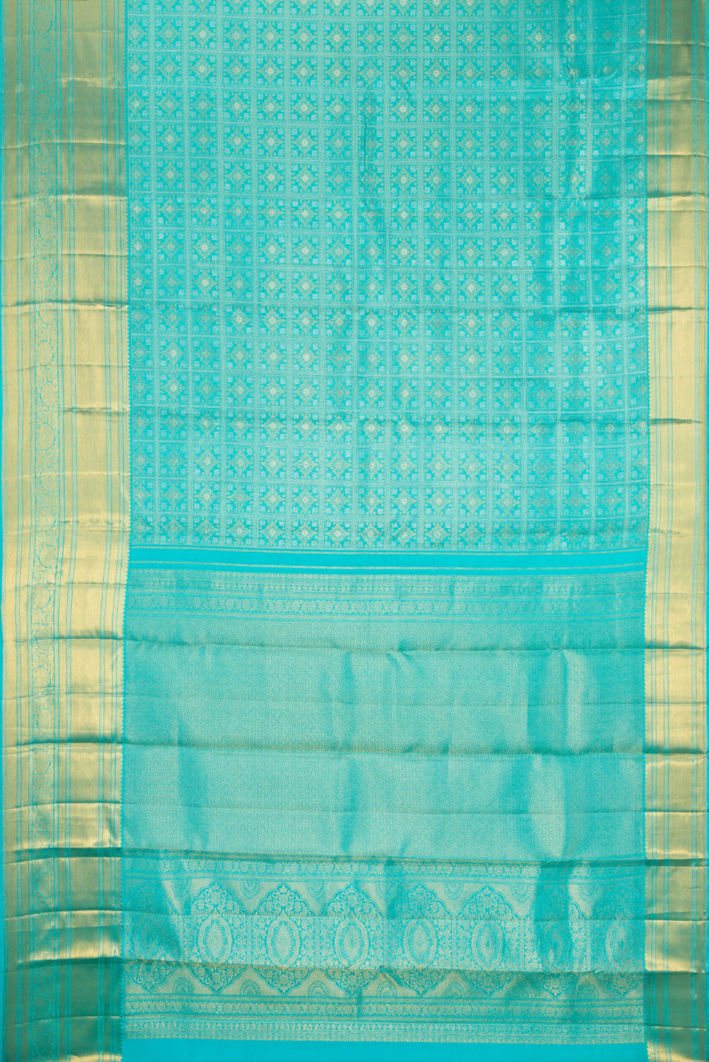 Flat view of Sky Blue Kanjivaram Silk Saree with Zari Brocade on the body and Zari Border. 
