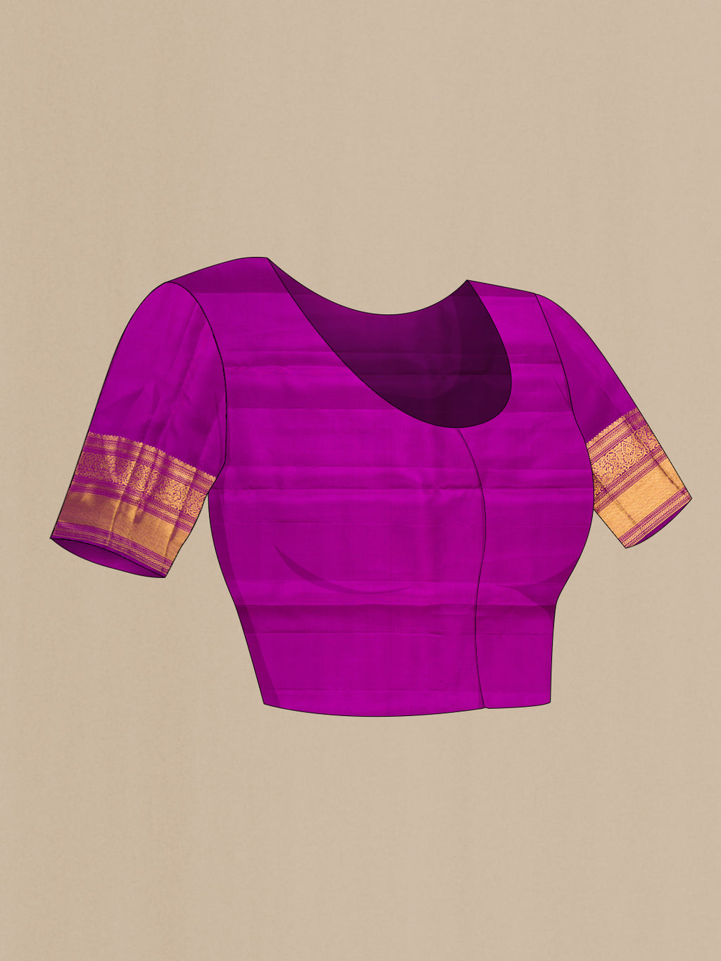 Close up image of the blouse of Pure Silk Purple Kanjivaram Saree with Zari Brocade on the body and Zari Border. 