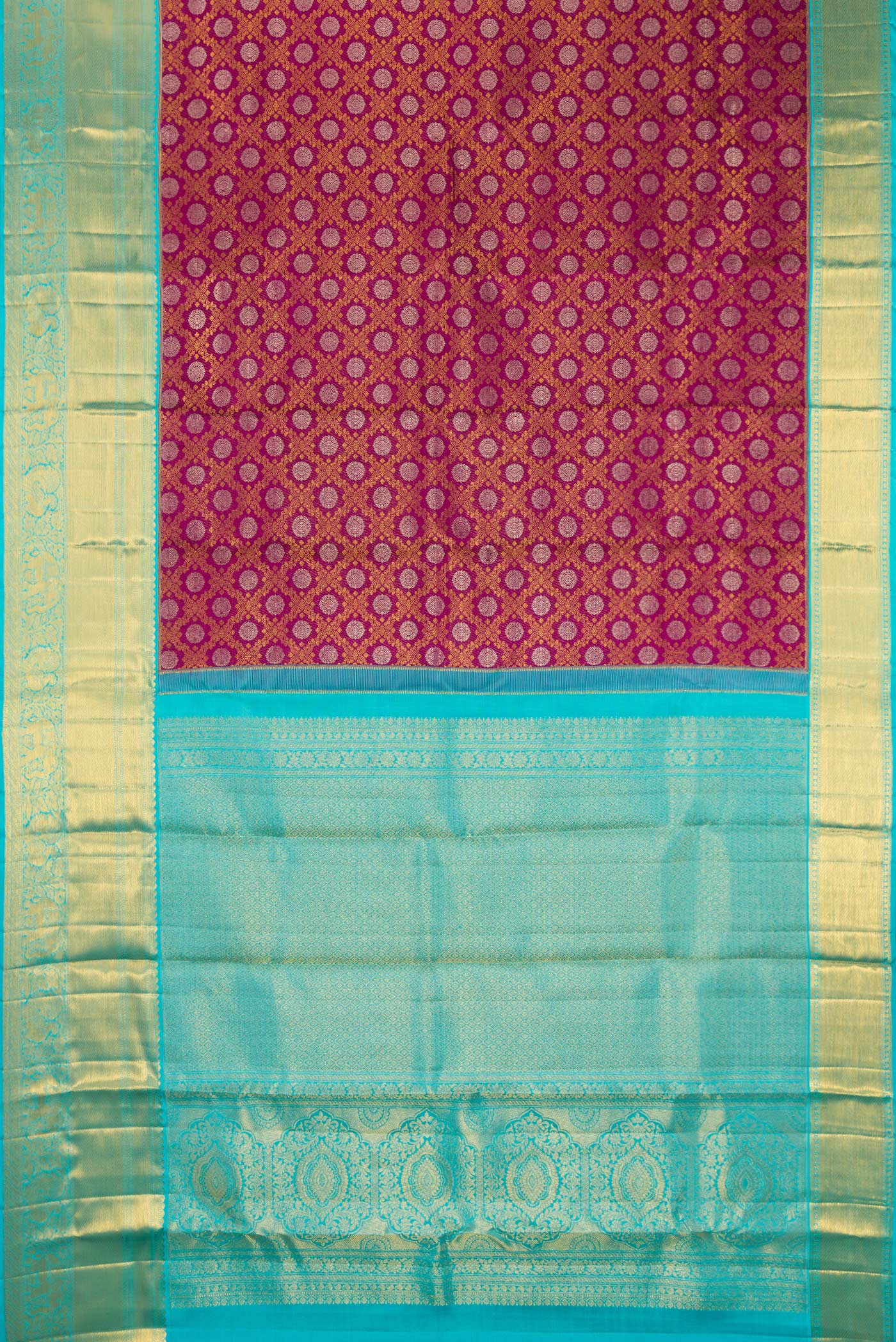 Flat view of Pure Silk Magenta Kanjivaram Saree with Zari Brocade on the body and Zari Border. 