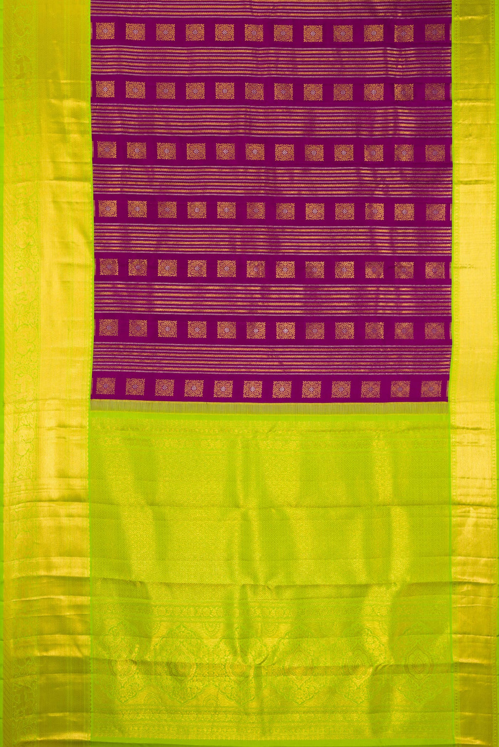 Flat view of Pure Silk Purple Kanjivaram Saree with Zari Brocade on the body and Zari Border. 