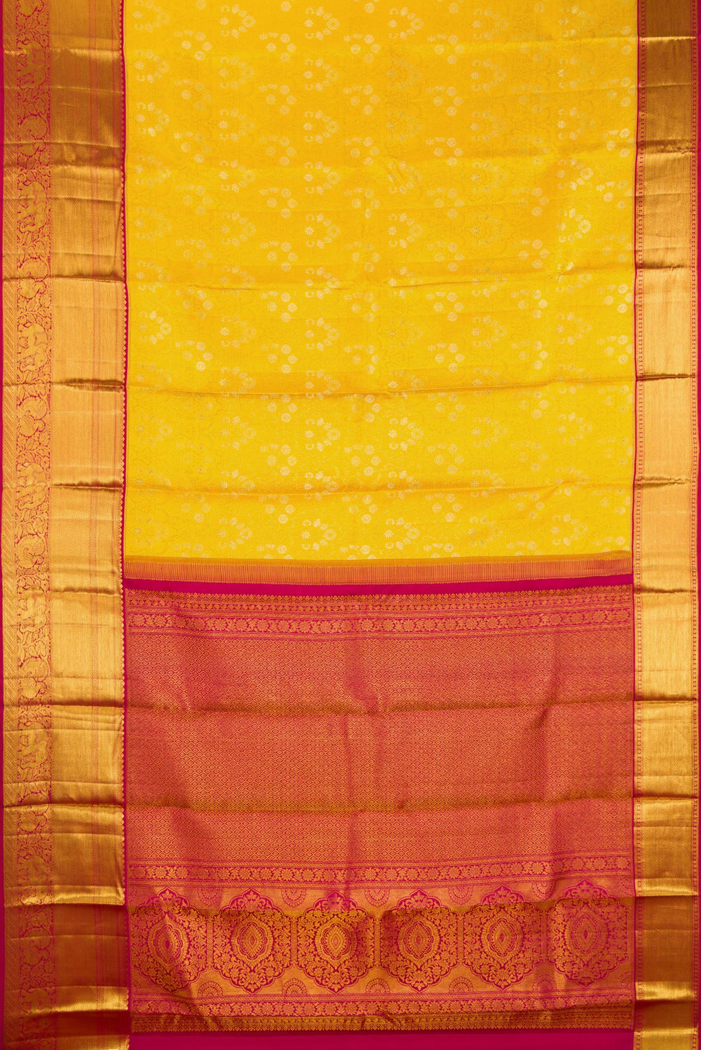 Flat view of Pure Silk Mustard Kanjivaram Saree with Zari Brocade on the body and Zari Border. 