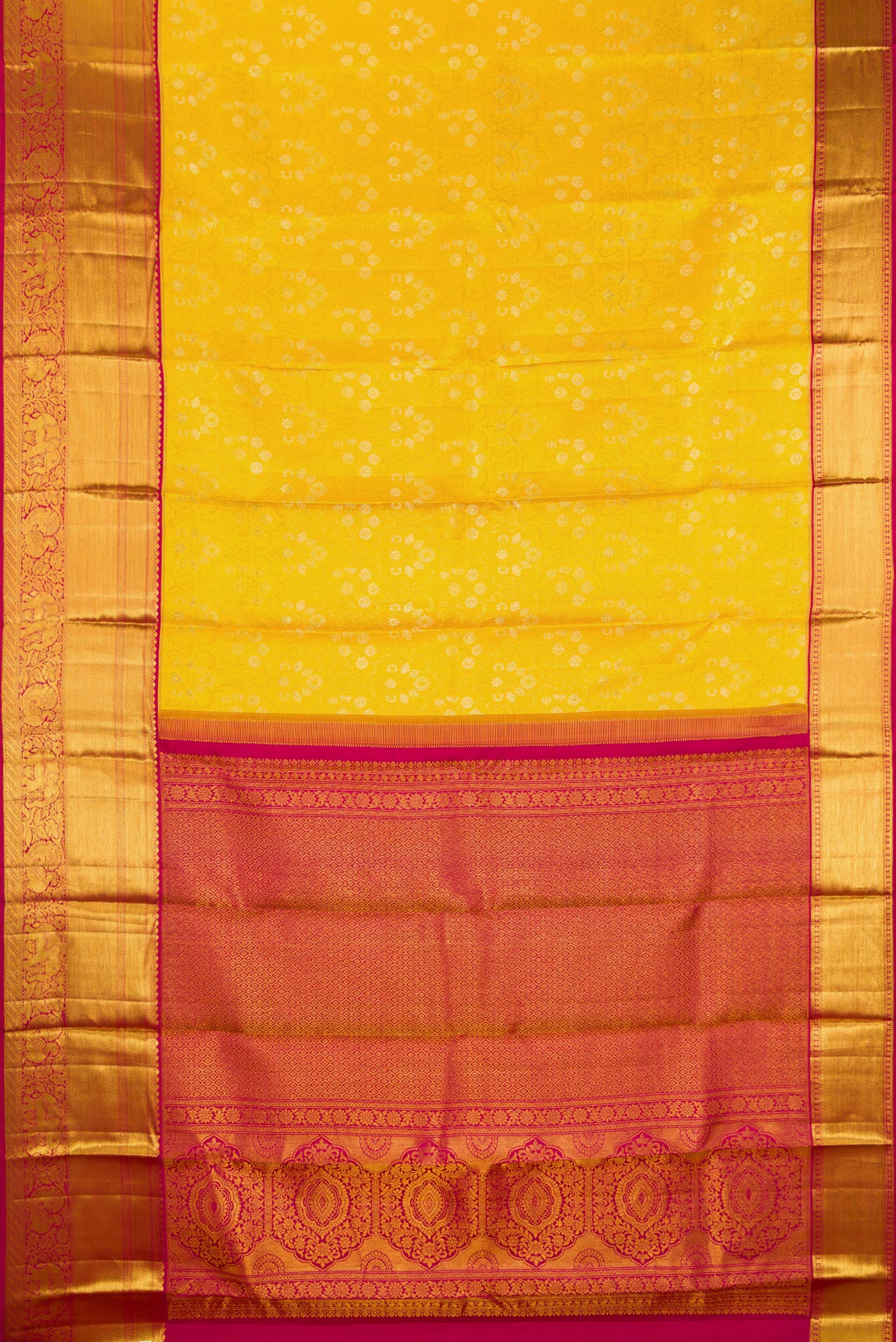 Flat view of Pure Silk Mustard Kanjivaram Saree with Zari Brocade on the body and Zari Border. 