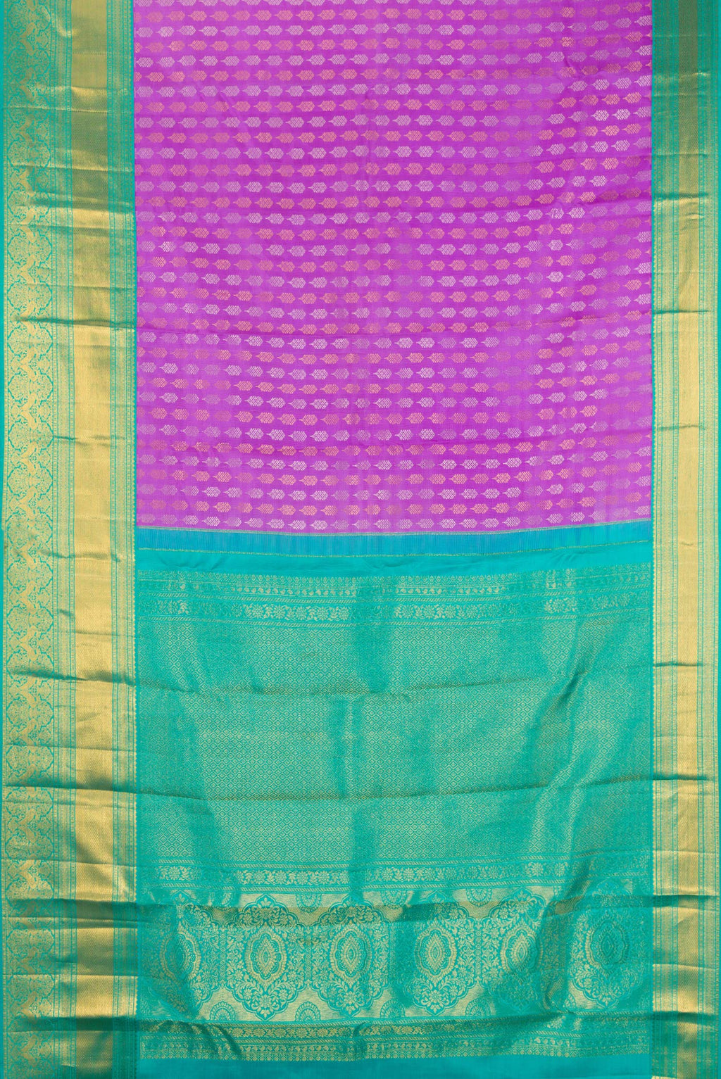 Flat view of Pure Silk Lavender Kanjivaram Saree with Zari Brocade on the body and Zari Border. 