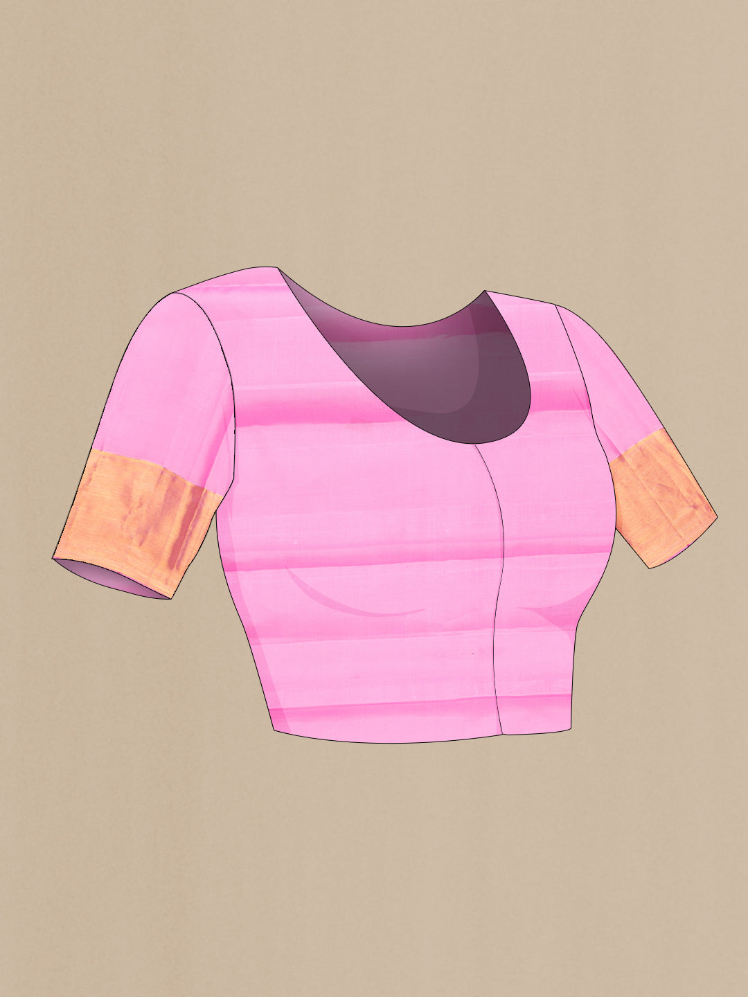 Close up image of the blouse of Pure Silk Pink Kanjivaram Saree with Zari Brocade on the body and Zari Border. 