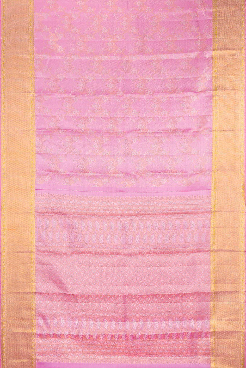 Flat view of Pure Silk Pink Kanjivaram Saree with Zari Brocade on the body and Zari Border. 