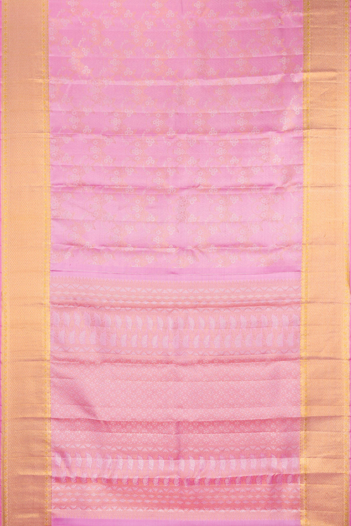 Flat view of Pure Silk Pink Kanjivaram Saree with Zari Brocade on the body and Zari Border. 