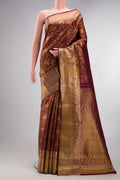 Pure Silk Maroon Kanjivaram Saree with Zari Brocade on the body and Zari Border.  displayed on a mannequin
