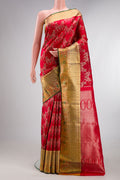 Pure Silk Red Kanjivaram Saree with Zari Brocade on the body and Fancy Border.  displayed on a mannequin