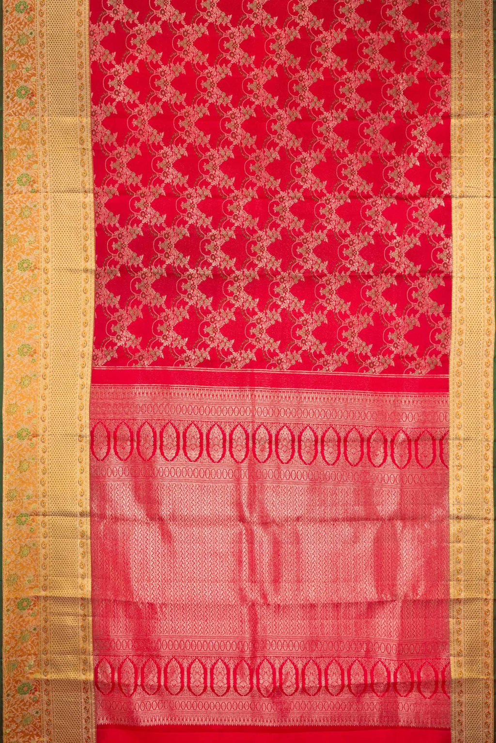 Flat view of Pure Silk Red Kanjivaram Saree with Zari Brocade on the body and Fancy Border. 
