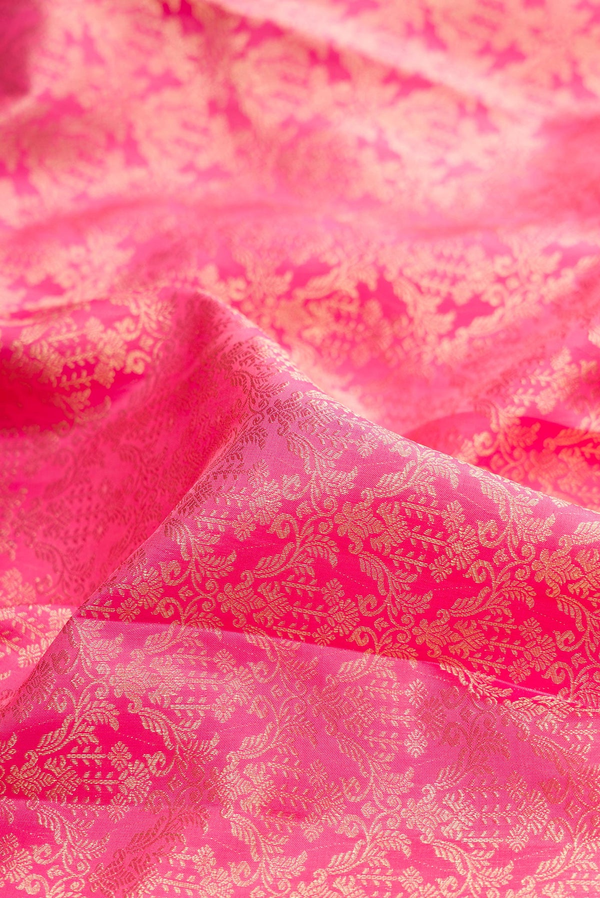 Close up of Pure Silk Rose pink Kanjivaram Saree with Zari Brocade on the body and Fancy Border.  displaying folds
