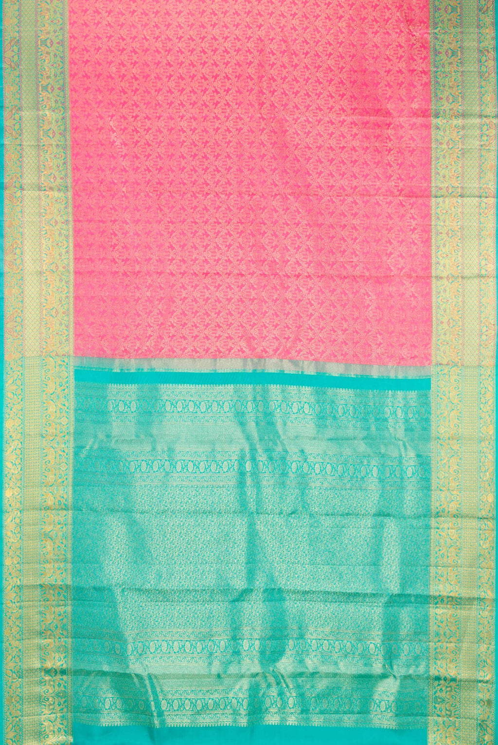 Flat view of Pure Silk Rose pink Kanjivaram Saree with Zari Brocade on the body and Fancy Border. 
