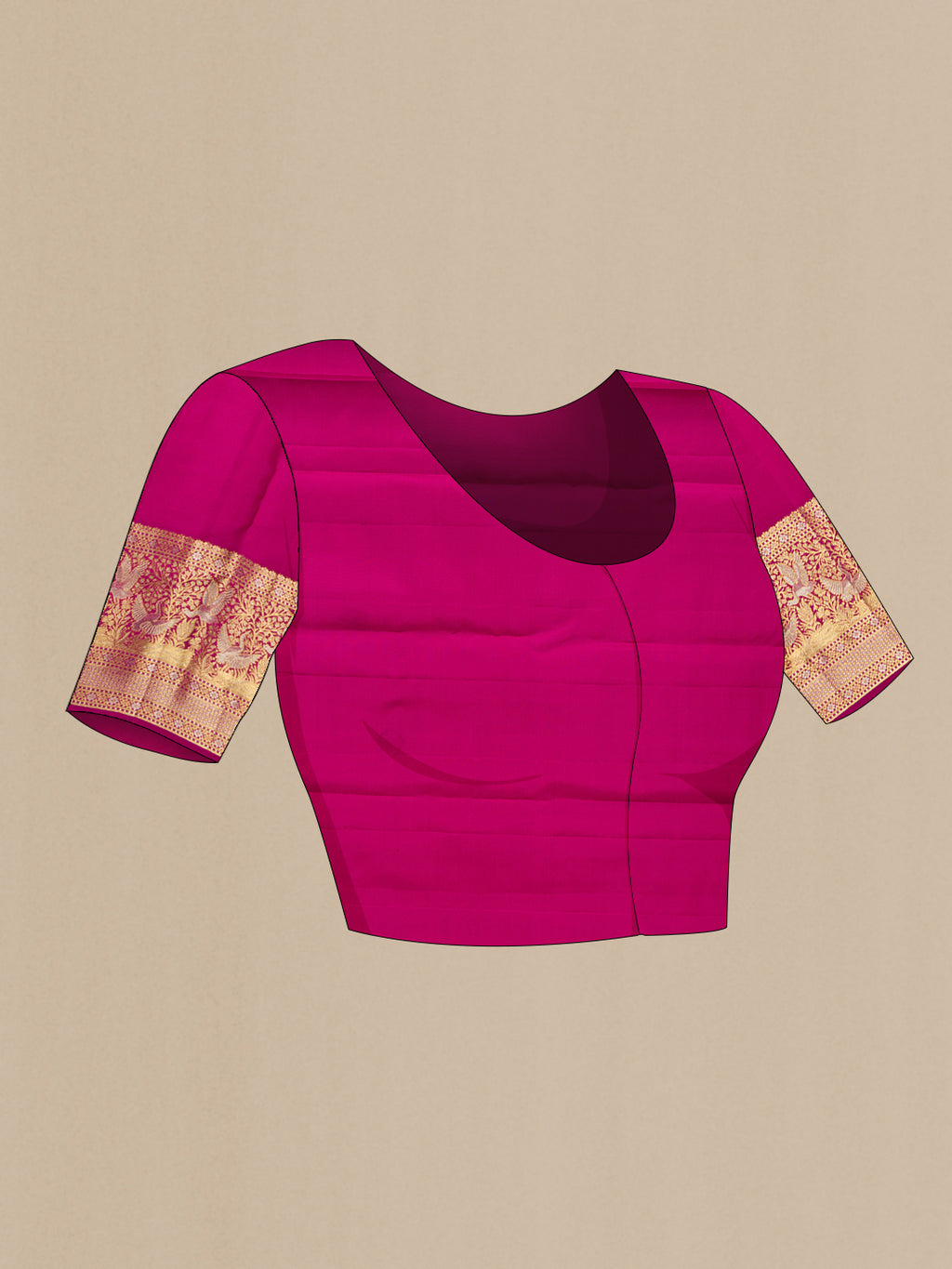 Close up image of the blouse of Pure Silk Orange Kanjivaram Saree with Zari Brocade on the body and Fancy Border. 